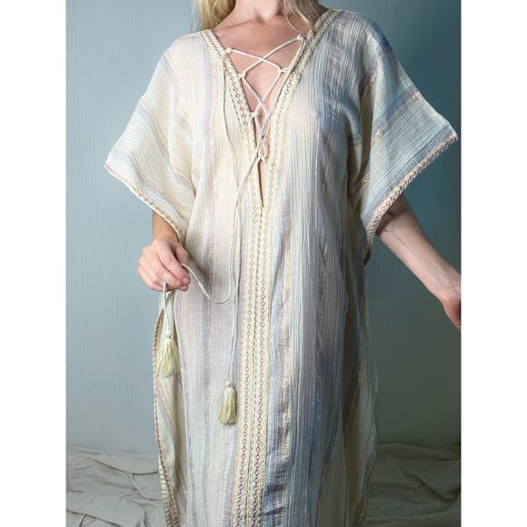 Z&L Golden Slumbers Metallic Stripe Cotton Kaftan Dress NWT US MEDIUM/LARGE - Picture 8 of 16